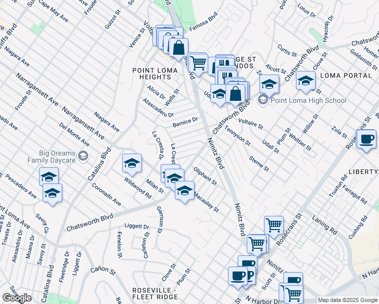 map of restaurants, bars, coffee shops, grocery stores, and more near 3728 Wawona Drive in San Diego