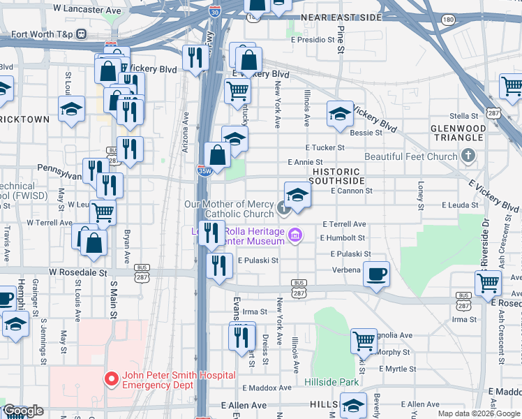 map of restaurants, bars, coffee shops, grocery stores, and more near 918 East Leuda Street in Fort Worth