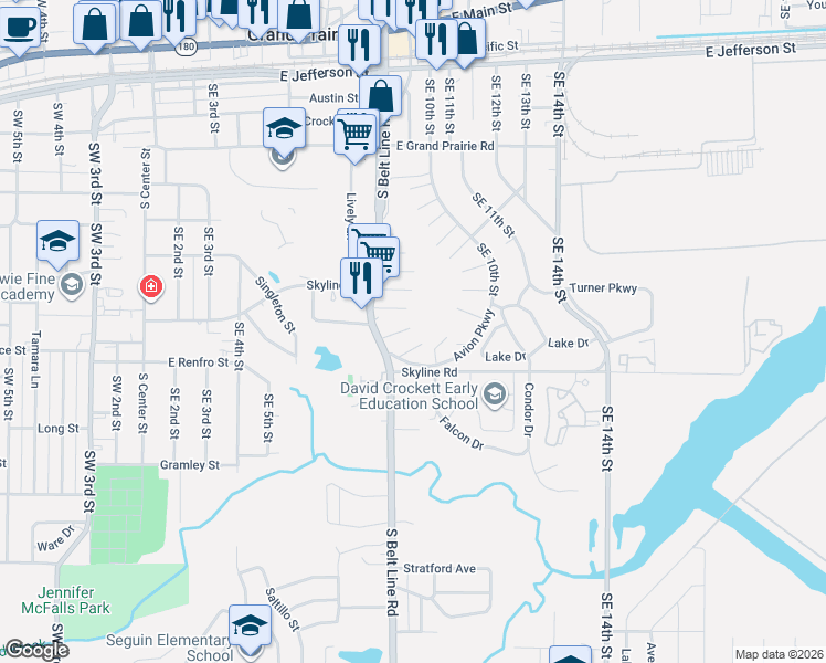 map of restaurants, bars, coffee shops, grocery stores, and more near 112 North American Place in Grand Prairie