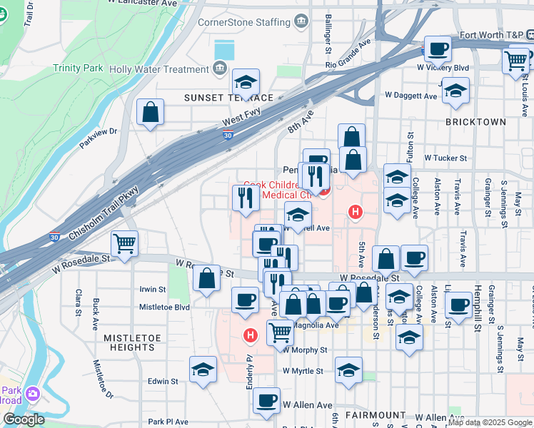 map of restaurants, bars, coffee shops, grocery stores, and more near 800 8th Avenue in Fort Worth