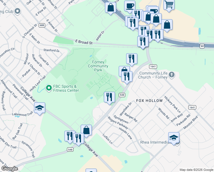 map of restaurants, bars, coffee shops, grocery stores, and more near Farm to Market Road 548 in Forney