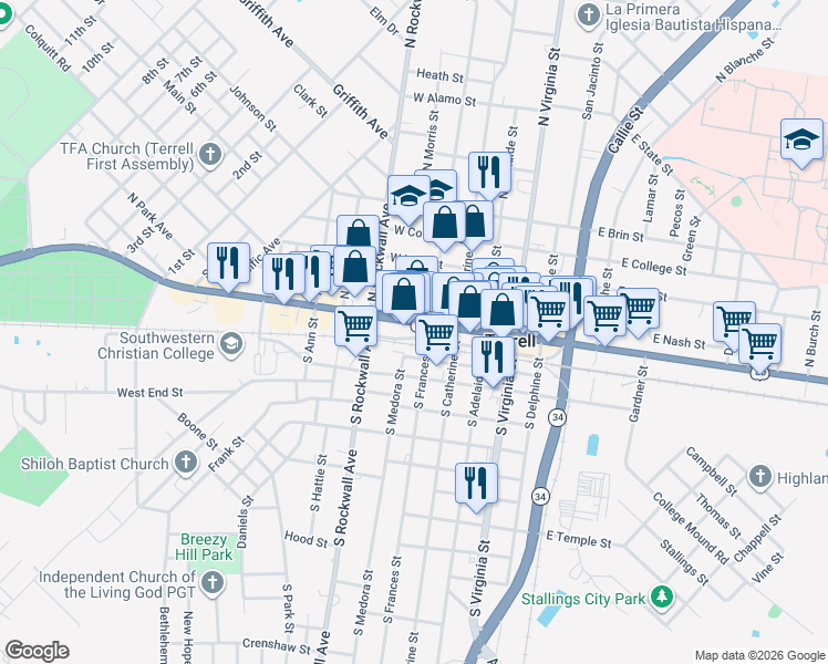 map of restaurants, bars, coffee shops, grocery stores, and more near 209 West Moore Avenue in Terrell