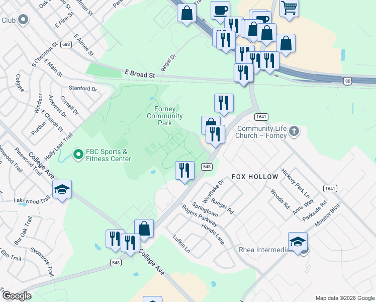 map of restaurants, bars, coffee shops, grocery stores, and more near Farm to Market Road 548 in Forney