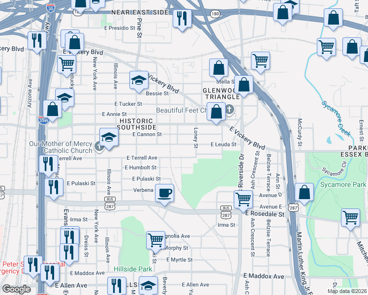 map of restaurants, bars, coffee shops, grocery stores, and more near 1510 East Leuda Street in Fort Worth