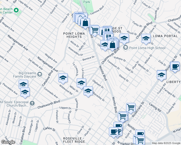 map of restaurants, bars, coffee shops, grocery stores, and more near 3728 Wawona Drive in San Diego