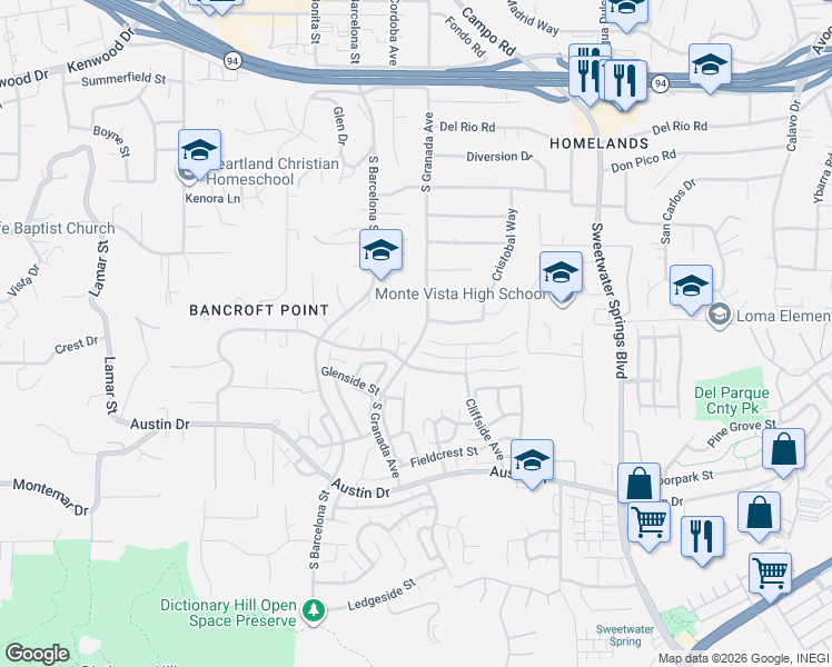 map of restaurants, bars, coffee shops, grocery stores, and more near 3102 South Granada Avenue in Spring Valley