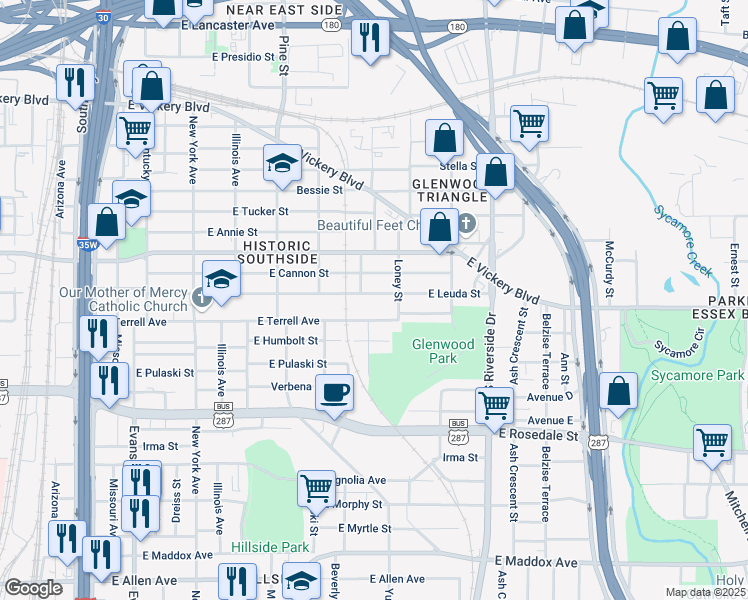 map of restaurants, bars, coffee shops, grocery stores, and more near 1510 East Leuda Street in Fort Worth