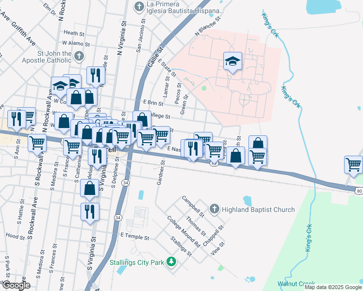 map of restaurants, bars, coffee shops, grocery stores, and more near 711 E Nash St in Terrell