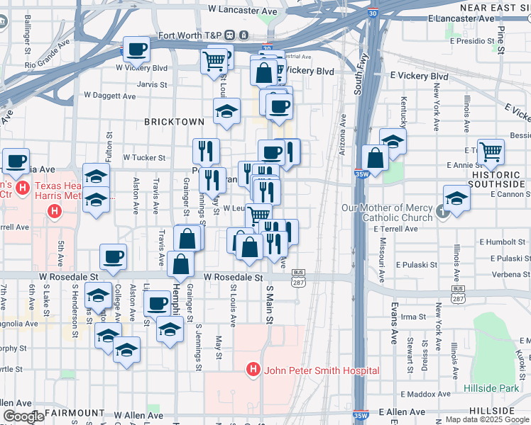 map of restaurants, bars, coffee shops, grocery stores, and more near 810 South Main Street in Fort Worth