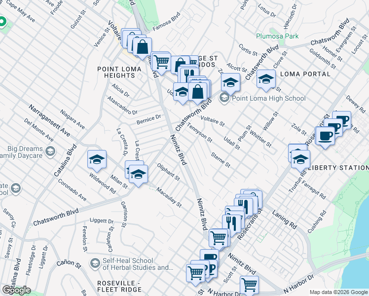 map of restaurants, bars, coffee shops, grocery stores, and more near 3526-28 Poe Street in San Diego