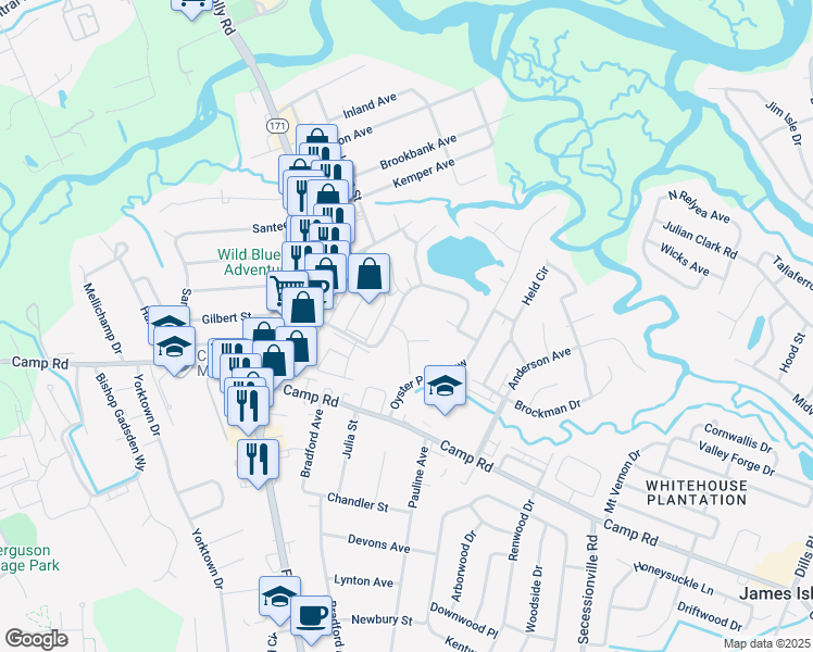 map of restaurants, bars, coffee shops, grocery stores, and more near 49 Meander Row in Charleston