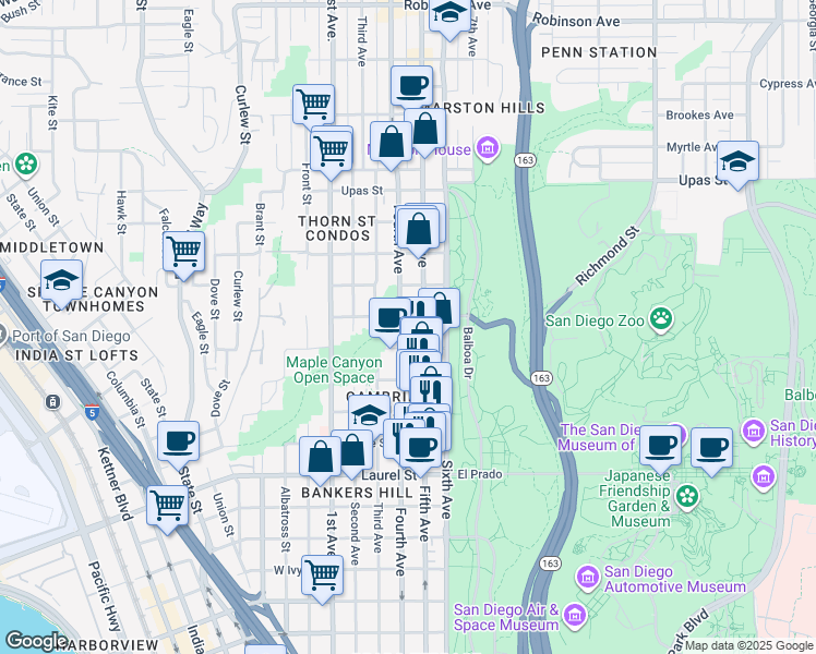 map of restaurants, bars, coffee shops, grocery stores, and more near 2930 Fifth Avenue in San Diego