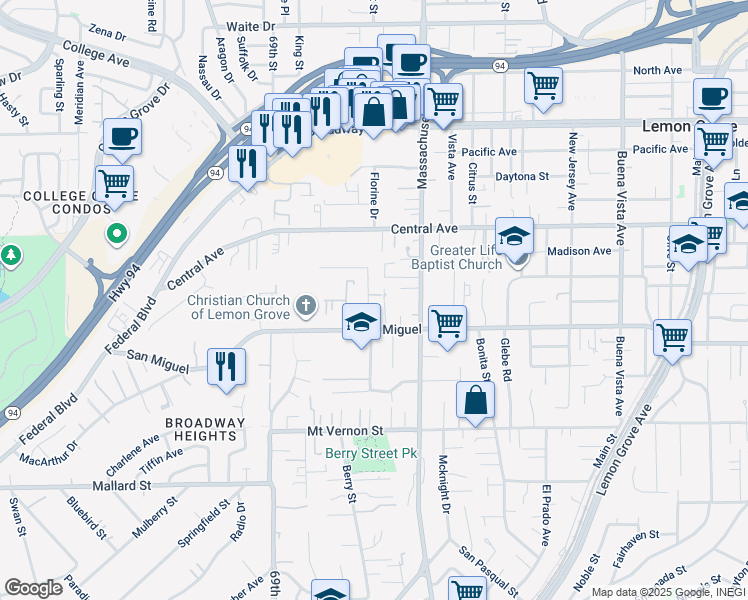 map of restaurants, bars, coffee shops, grocery stores, and more near 2745 Mercury Drive in Lemon Grove