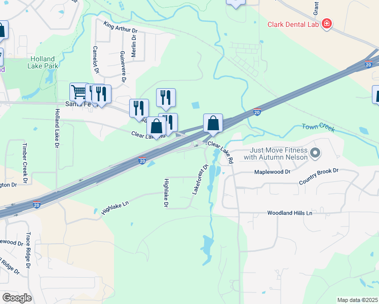 map of restaurants, bars, coffee shops, grocery stores, and more near 2126 Lakeforest Drive in Weatherford