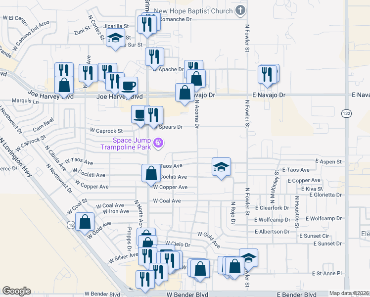 map of restaurants, bars, coffee shops, grocery stores, and more near 418 West Kiowa Avenue in Hobbs