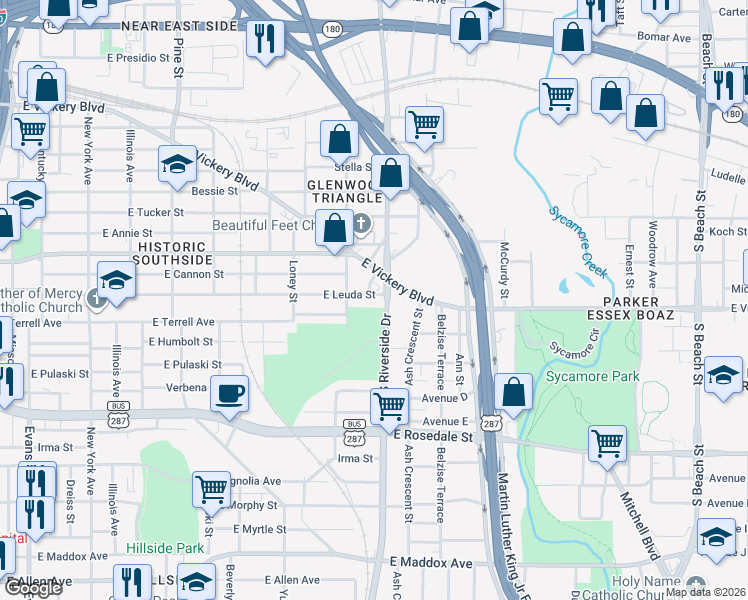 map of restaurants, bars, coffee shops, grocery stores, and more near 1800 East Leuda Street in Fort Worth