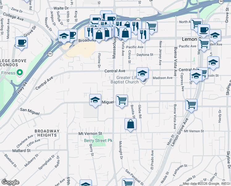 map of restaurants, bars, coffee shops, grocery stores, and more near 2730 Drew Lane in Lemon Grove