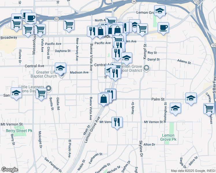 map of restaurants, bars, coffee shops, grocery stores, and more near 2810 Main Street in Lemon Grove