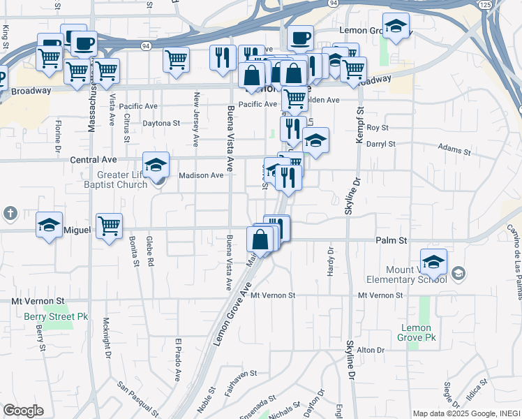 map of restaurants, bars, coffee shops, grocery stores, and more near 2844 Olive Street in Lemon Grove
