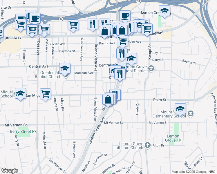 map of restaurants, bars, coffee shops, grocery stores, and more near 2844 Olive Street in Lemon Grove