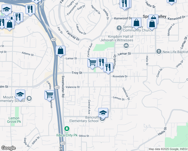 map of restaurants, bars, coffee shops, grocery stores, and more near 8839 Troy Street in Spring Valley