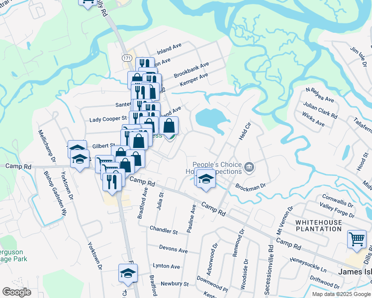 map of restaurants, bars, coffee shops, grocery stores, and more near 49 Meander Row in Charleston