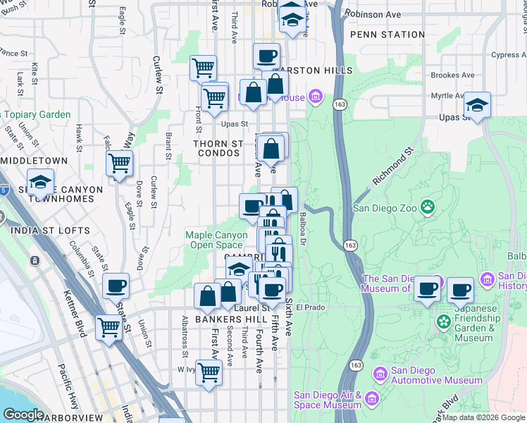 map of restaurants, bars, coffee shops, grocery stores, and more near 2930 Fifth Avenue in San Diego