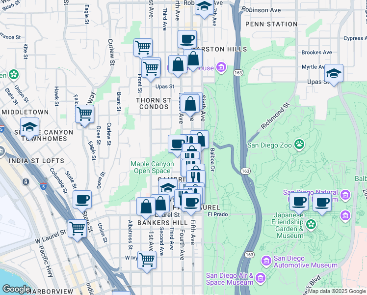 map of restaurants, bars, coffee shops, grocery stores, and more near 2930 Fifth Avenue in San Diego