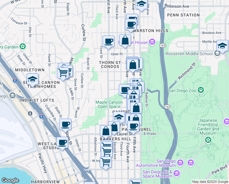 map of restaurants, bars, coffee shops, grocery stores, and more near 2928 2nd Avenue in San Diego