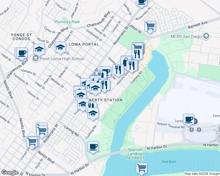 map of restaurants, bars, coffee shops, grocery stores, and more near 2448 Historic Decatur Road in San Diego