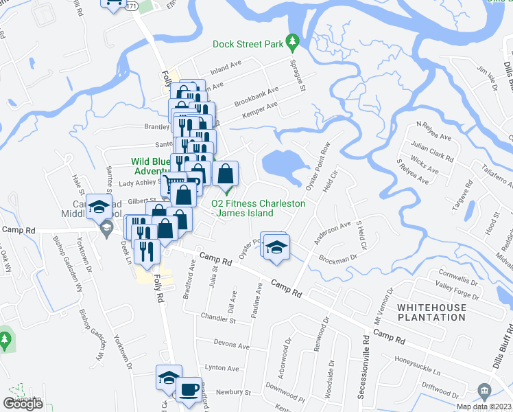 map of restaurants, bars, coffee shops, grocery stores, and more near 49 Meander Row in Charleston