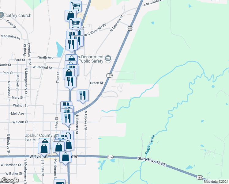 map of restaurants, bars, coffee shops, grocery stores, and more near 17 Evergreen Park Drive in Gilmer