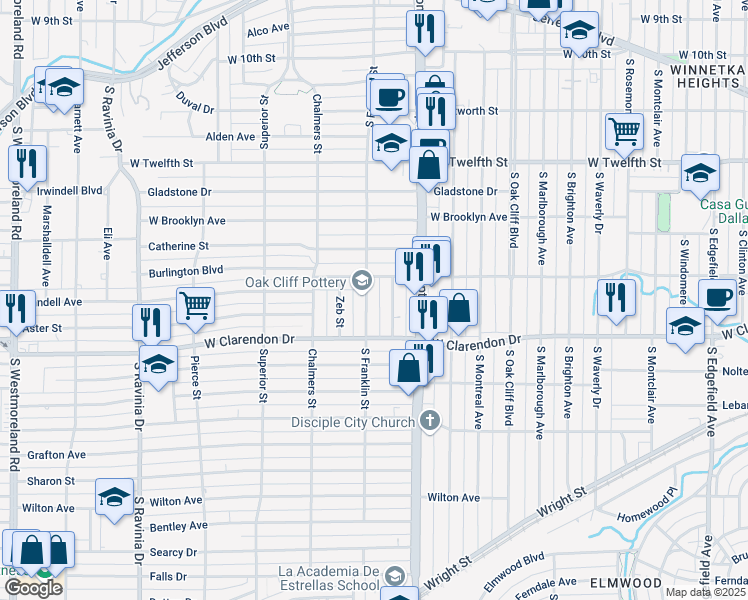 map of restaurants, bars, coffee shops, grocery stores, and more near 933 South Franklin Street in Dallas