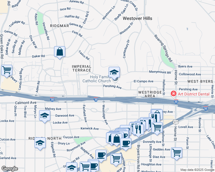 map of restaurants, bars, coffee shops, grocery stores, and more near 6160 Western Place in Fort Worth