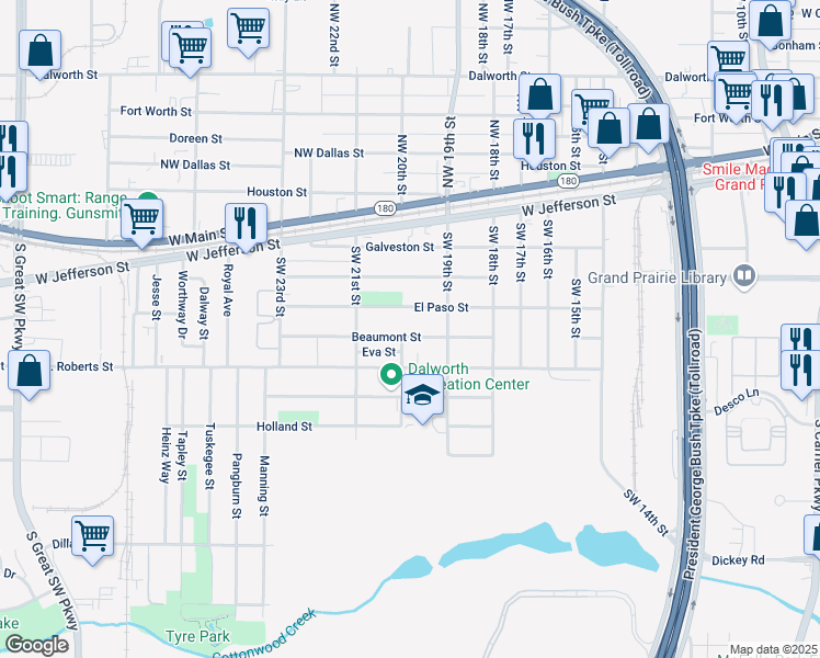 map of restaurants, bars, coffee shops, grocery stores, and more near 1934 Beaumont Street in Grand Prairie