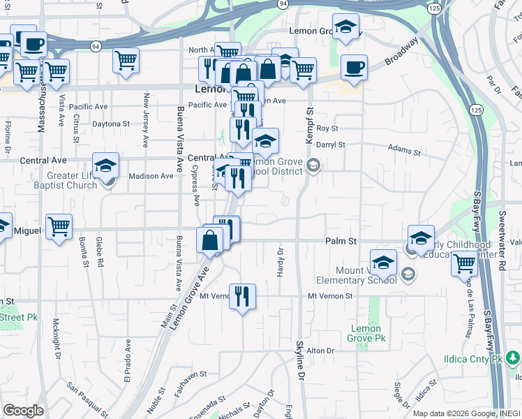 map of restaurants, bars, coffee shops, grocery stores, and more near 7824 Deborah Place in Lemon Grove