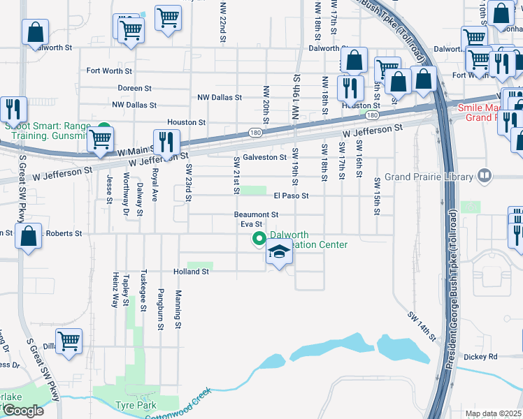 map of restaurants, bars, coffee shops, grocery stores, and more near 1934 Beaumont Street in Grand Prairie