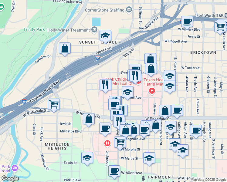 map of restaurants, bars, coffee shops, grocery stores, and more near 800 8th Avenue in Fort Worth