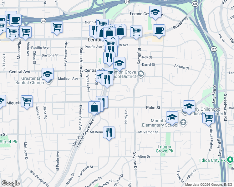 map of restaurants, bars, coffee shops, grocery stores, and more near 7824 Deborah Place in Lemon Grove