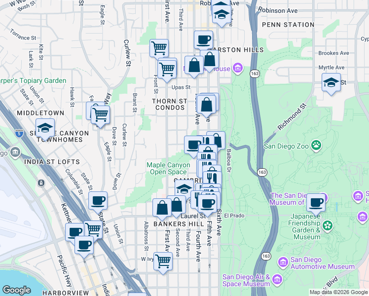 map of restaurants, bars, coffee shops, grocery stores, and more near 2910 Fourth Avenue in San Diego