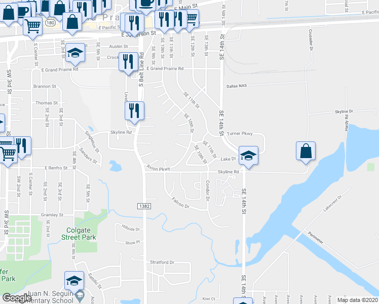 map of restaurants, bars, coffee shops, grocery stores, and more near 919 Lake Drive in Grand Prairie