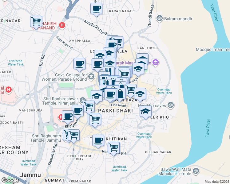 map of restaurants, bars, coffee shops, grocery stores, and more near  in Jammu
