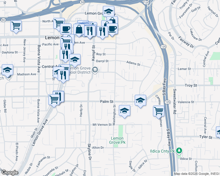 map of restaurants, bars, coffee shops, grocery stores, and more near 2836-38 Washington Street in Lemon Grove