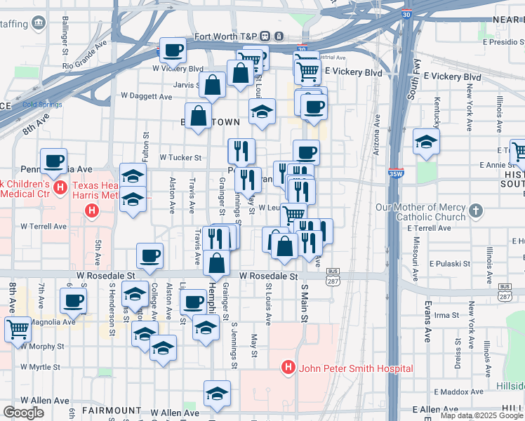 map of restaurants, bars, coffee shops, grocery stores, and more near 301 West Leuda Street in Fort Worth