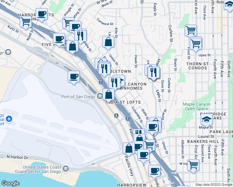 map of restaurants, bars, coffee shops, grocery stores, and more near 3153 India Street in San Diego