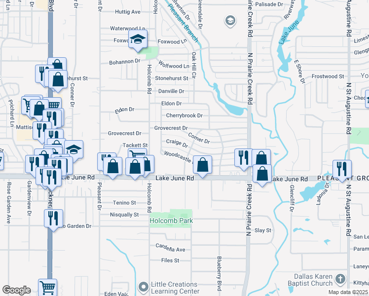 map of restaurants, bars, coffee shops, grocery stores, and more near 8642 Craige Drive in Dallas