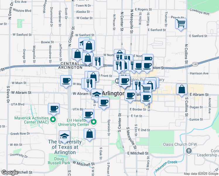 map of restaurants, bars, coffee shops, grocery stores, and more near 200 West Main Street in Arlington