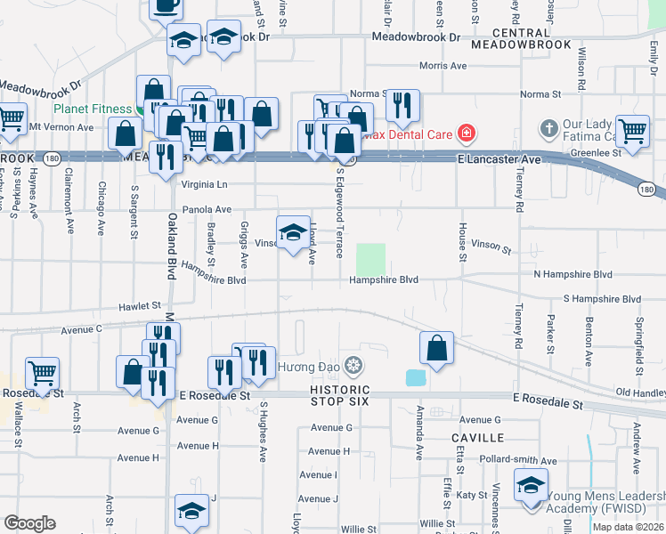 map of restaurants, bars, coffee shops, grocery stores, and more near 724 North Edgewood Terrace in Fort Worth