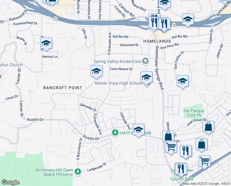 map of restaurants, bars, coffee shops, grocery stores, and more near 10021 Canyontop Street in Spring Valley
