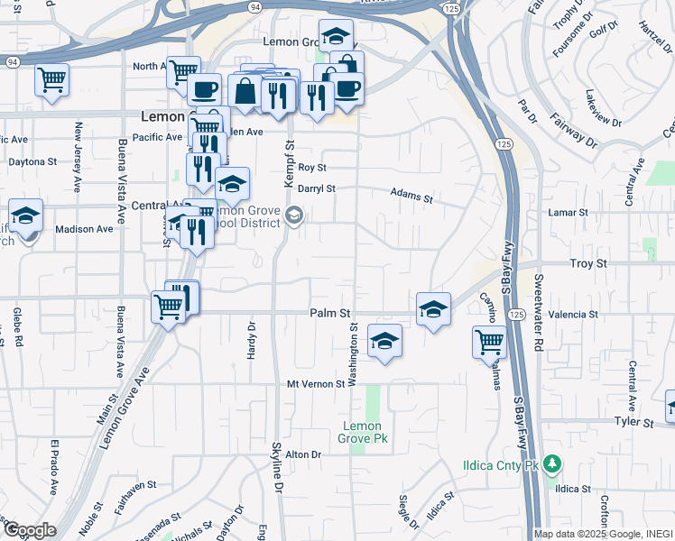 map of restaurants, bars, coffee shops, grocery stores, and more near 2836 Washington Street in Lemon Grove
